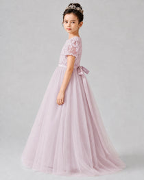 Dideyttawl Formal Dress with Puff Sleeves Floral Lace Bodice and Tulle Skirt
