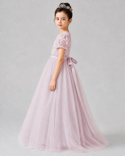 Blush Pink Satin Tulle A-line Girls Formal Dress Side View