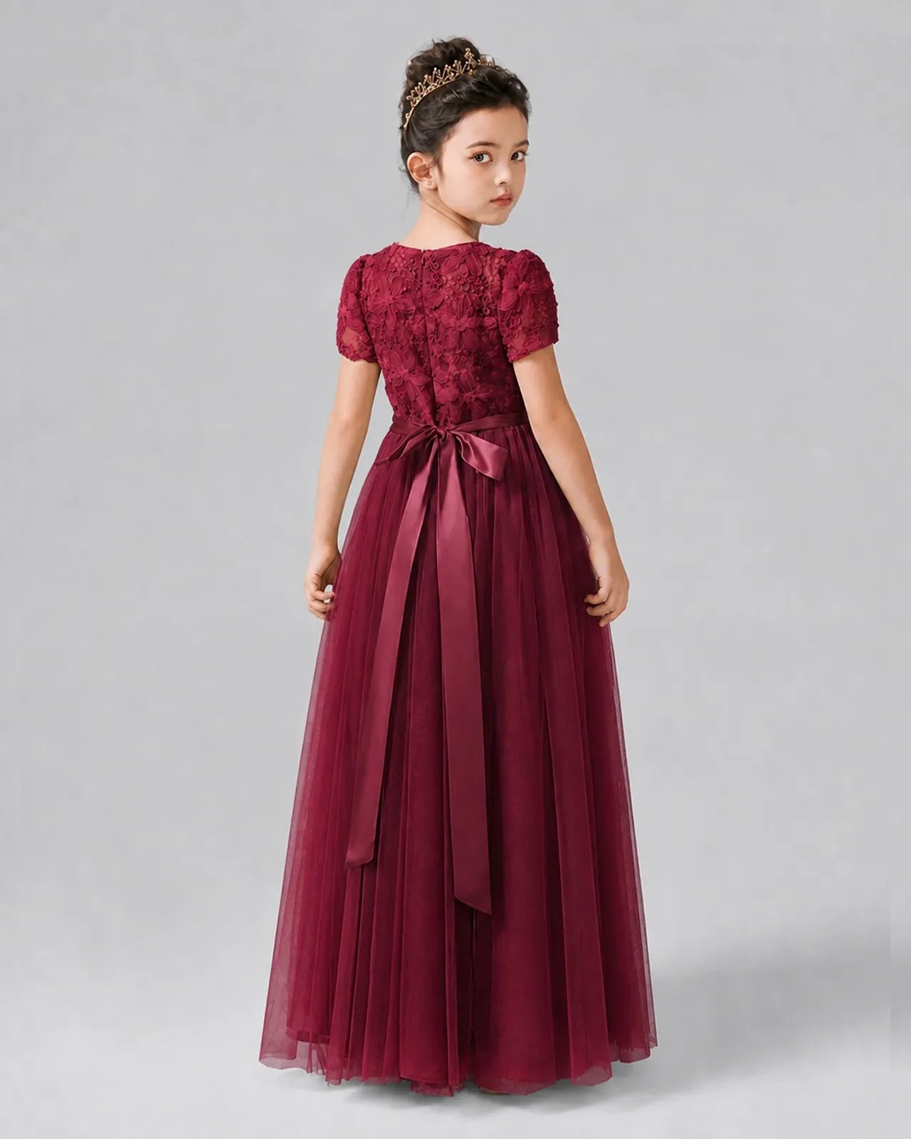 Burgundy Tulle A-line Girls Formal Dress Back View