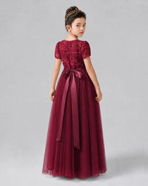 Dideyttawl Formal Dress with Puff Sleeves Floral Lace Bodice and Tulle Skirt