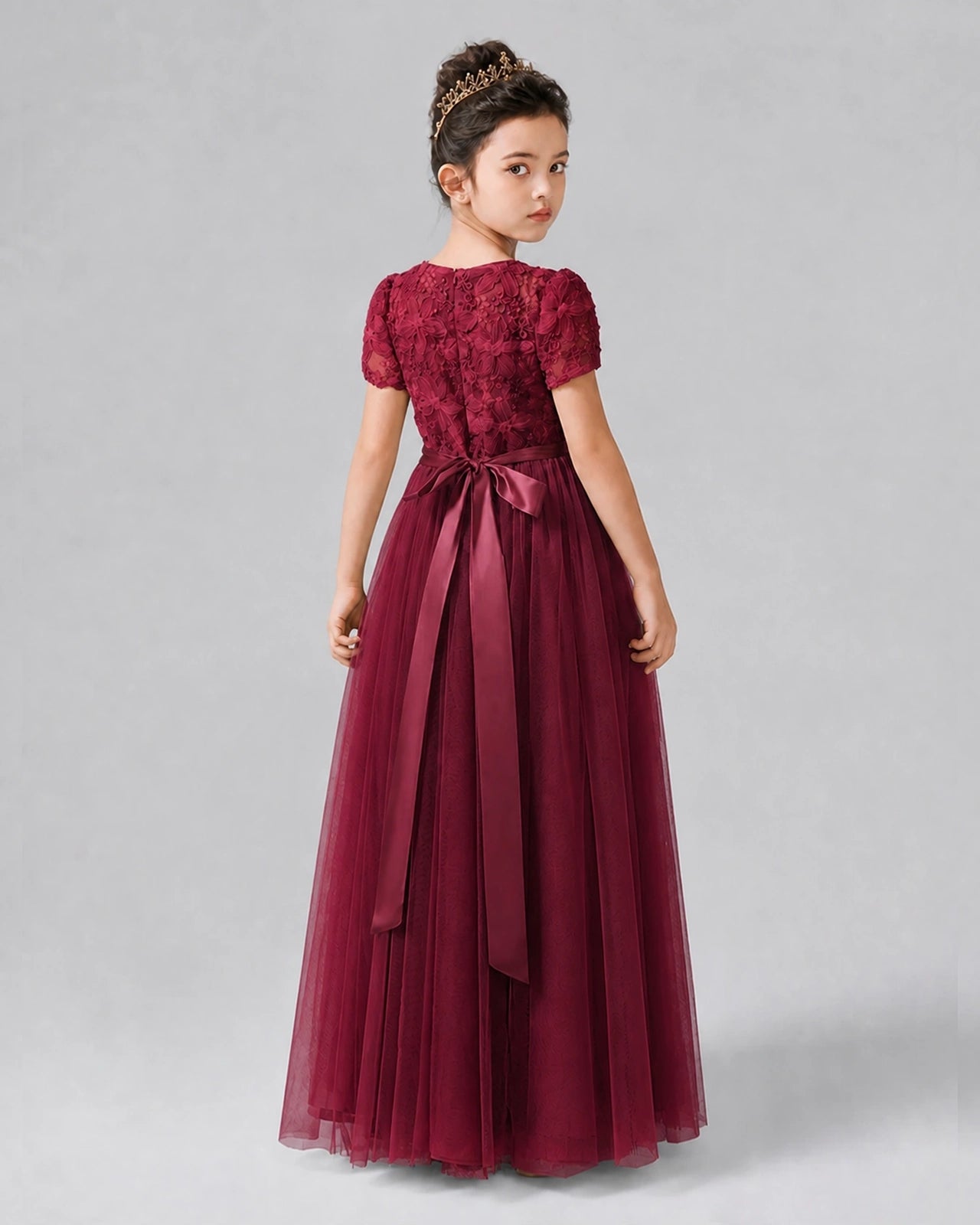 Dideyttawl Formal Dress with Puff Sleeves Floral Lace Bodice and Tulle Skirt
