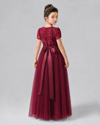 Burgundy Tulle A-line Girls Formal Dress Back View