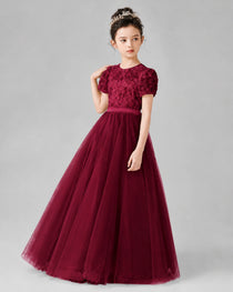 Dideyttawl Formal Dress with Puff Sleeves Floral Lace Bodice and Tulle Skirt