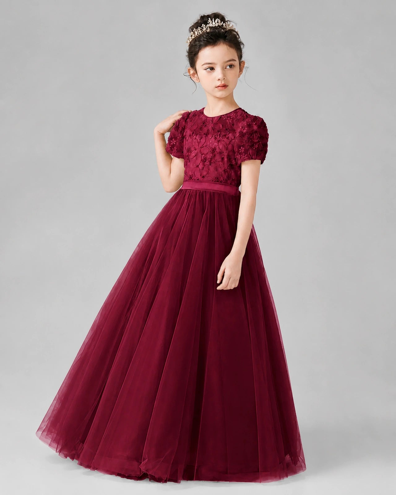 Dideyttawl Formal Dress with Puff Sleeves Floral Lace Bodice and Tulle Skirt