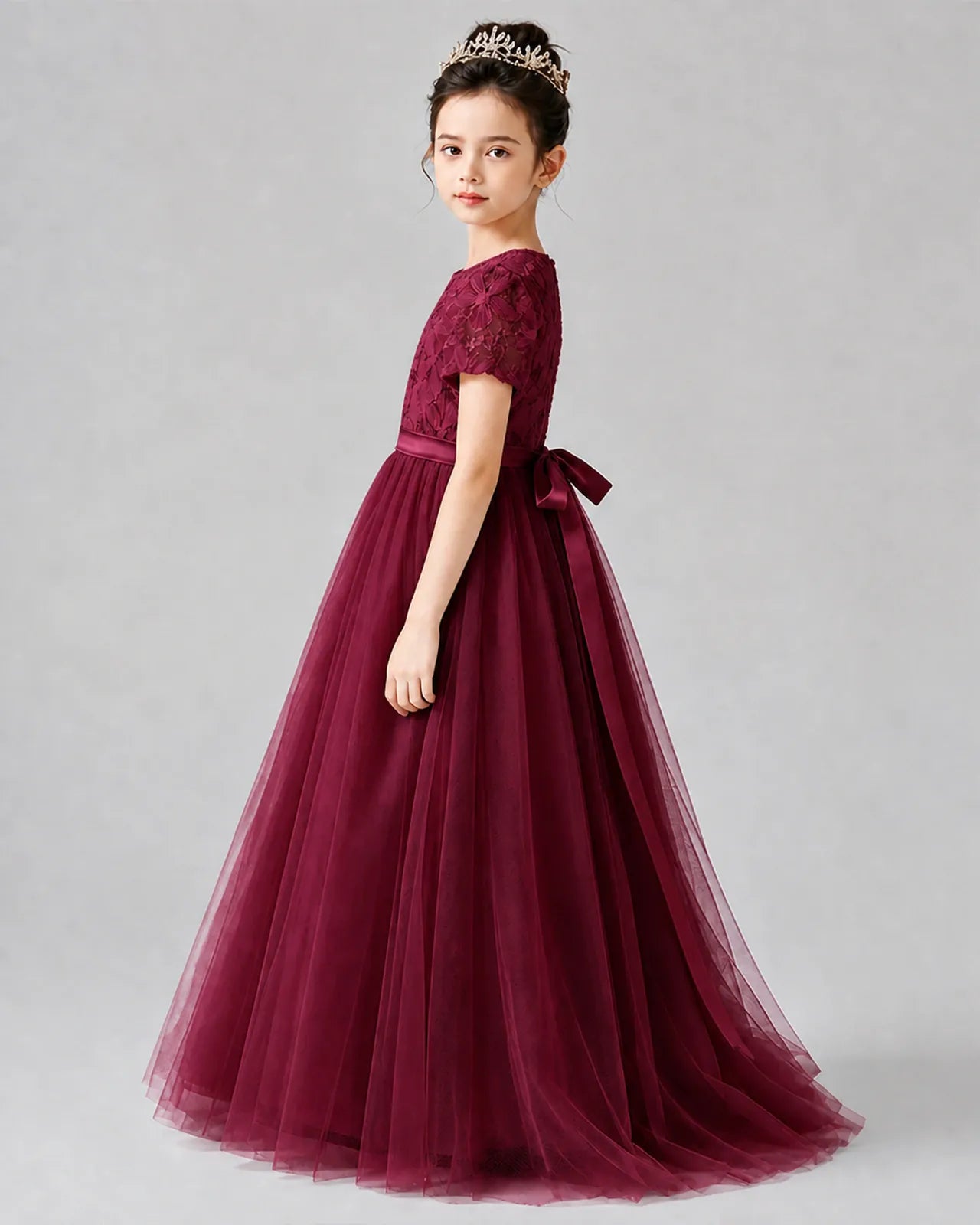 Burgundy Tulle A-line Girls Formal Dress Side View