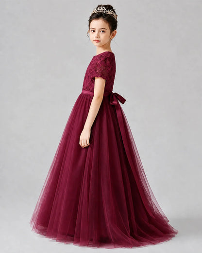 Burgundy Tulle A-line Girls Formal Dress Side View