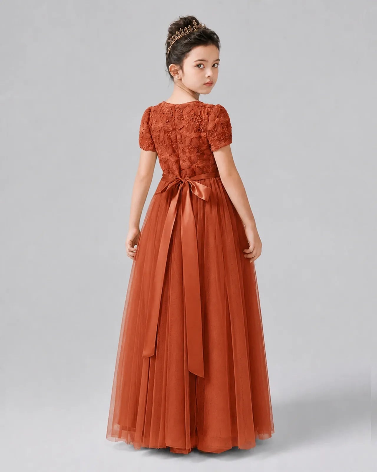 Burnt Orange Satin Tulle A-line Girls Formal Dress Back View