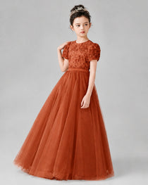 Dideyttawl Formal Dress with Puff Sleeves Floral Lace Bodice and Tulle Skirt