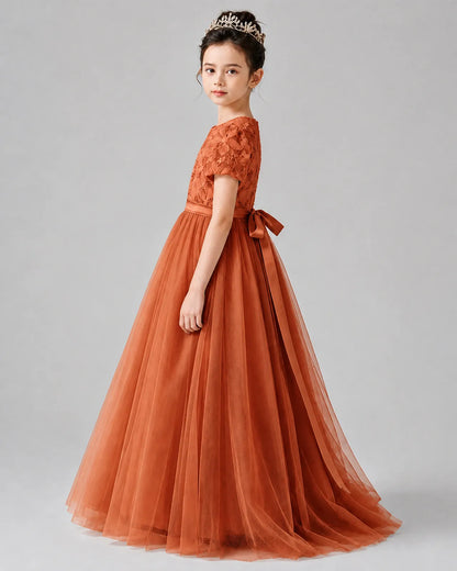 Burnt Orange Satin and Tulle A-line Girls Formal Dress Side View