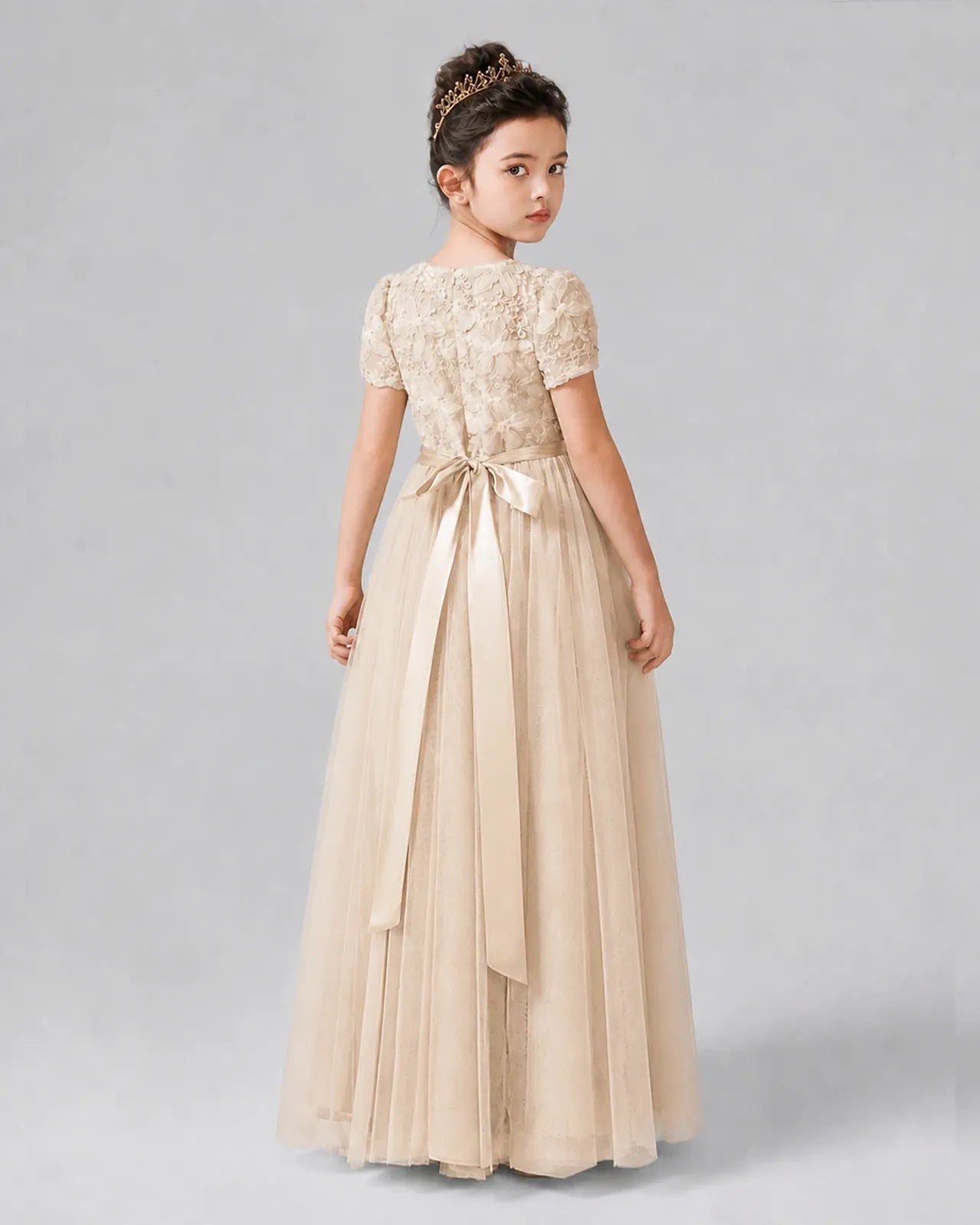 Champagne Satin Tulle A-line Girls Formal Dress Back View