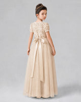 Champagne Satin Tulle A-line Girls Formal Dress Back View