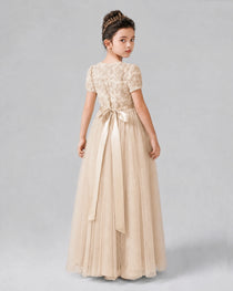 Dideyttawl Formal Dress with Puff Sleeves Floral Lace Bodice and Tulle Skirt