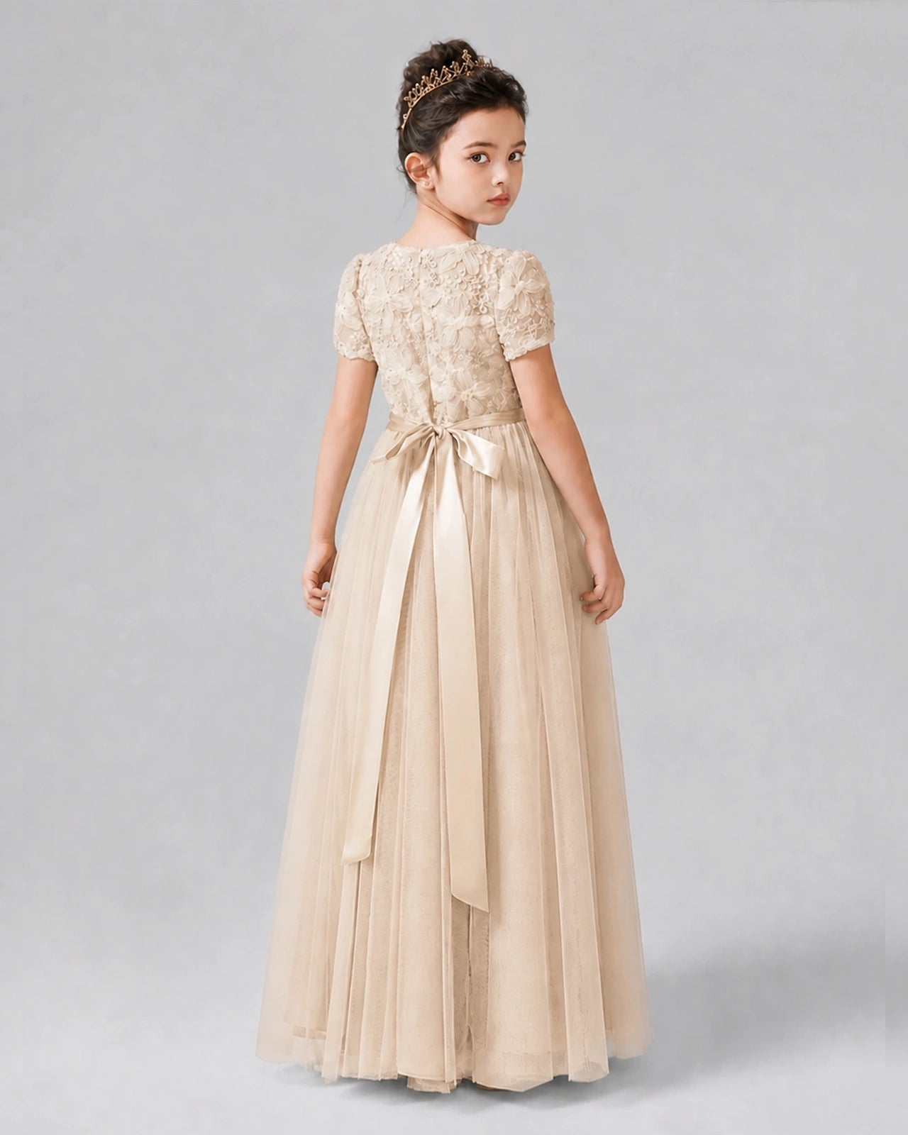 Dideyttawl Formal Dress with Puff Sleeves Floral Lace Bodice and Tulle Skirt