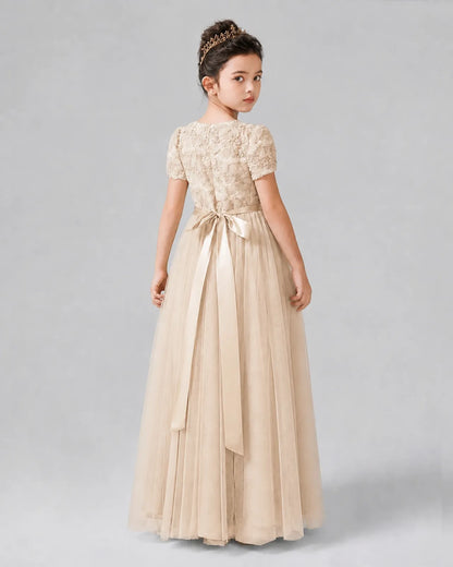 Champagne Satin Tulle A-line Girls Formal Dress Back View