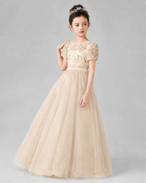 Dideyttawl Formal Dress with Puff Sleeves Floral Lace Bodice and Tulle Skirt