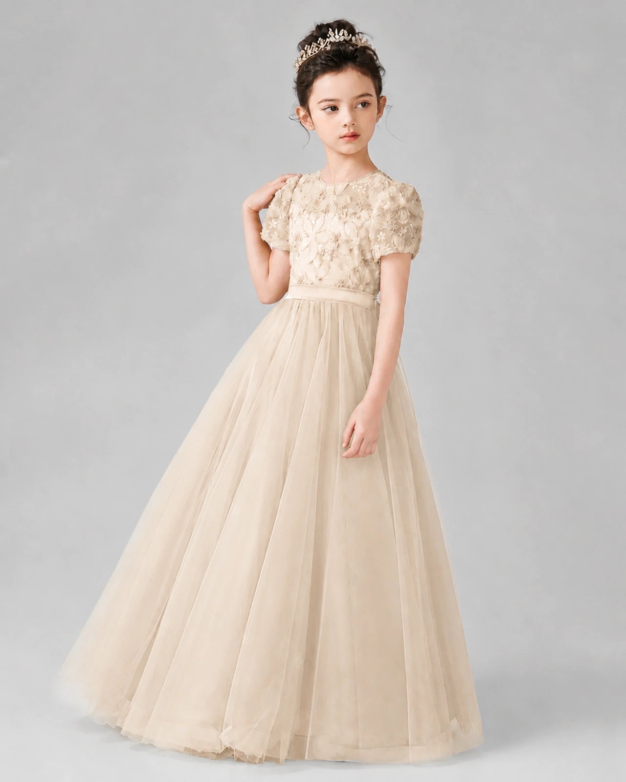 Dideyttawl Formal Dress with Puff Sleeves Floral Lace Bodice and Tulle Skirt