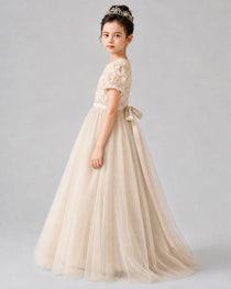 Dideyttawl Formal Dress with Puff Sleeves Floral Lace Bodice and Tulle Skirt