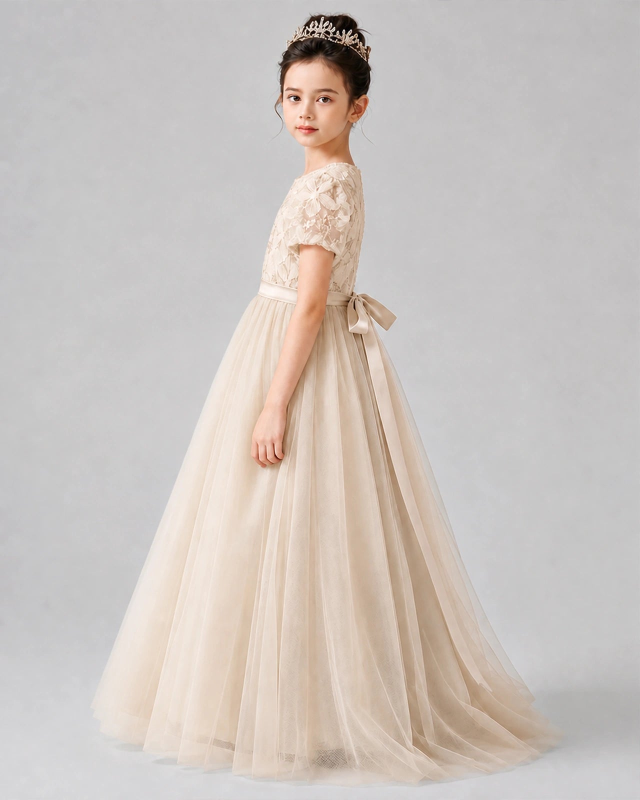 Dideyttawl Formal Dress with Puff Sleeves Floral Lace Bodice and Tulle Skirt