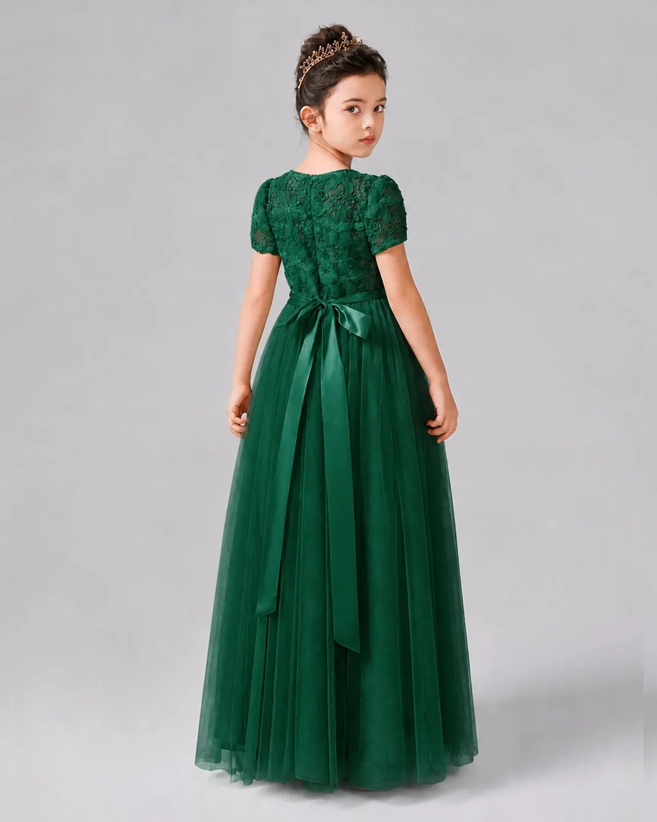 Dark Green Tulle A-line Girls Formal Dress Back View