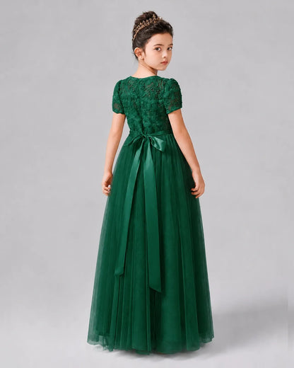Dark Green Tulle A-line Girls Formal Dress Back View