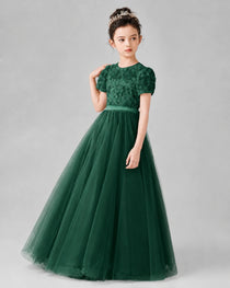 Dideyttawl Formal Dress with Puff Sleeves Floral Lace Bodice and Tulle Skirt