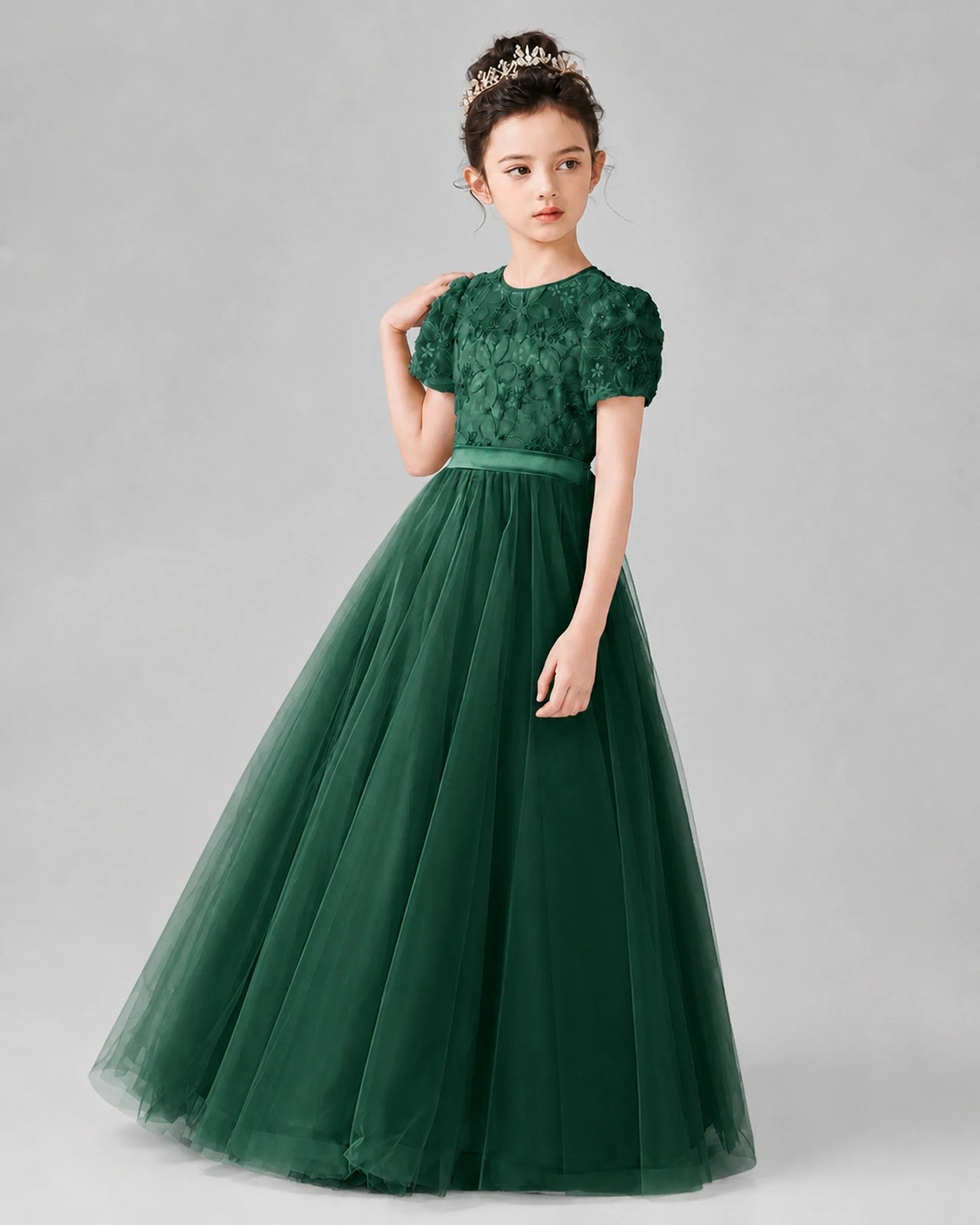 Dideyttawl Formal Dress with Puff Sleeves Floral Lace Bodice and Tulle Skirt