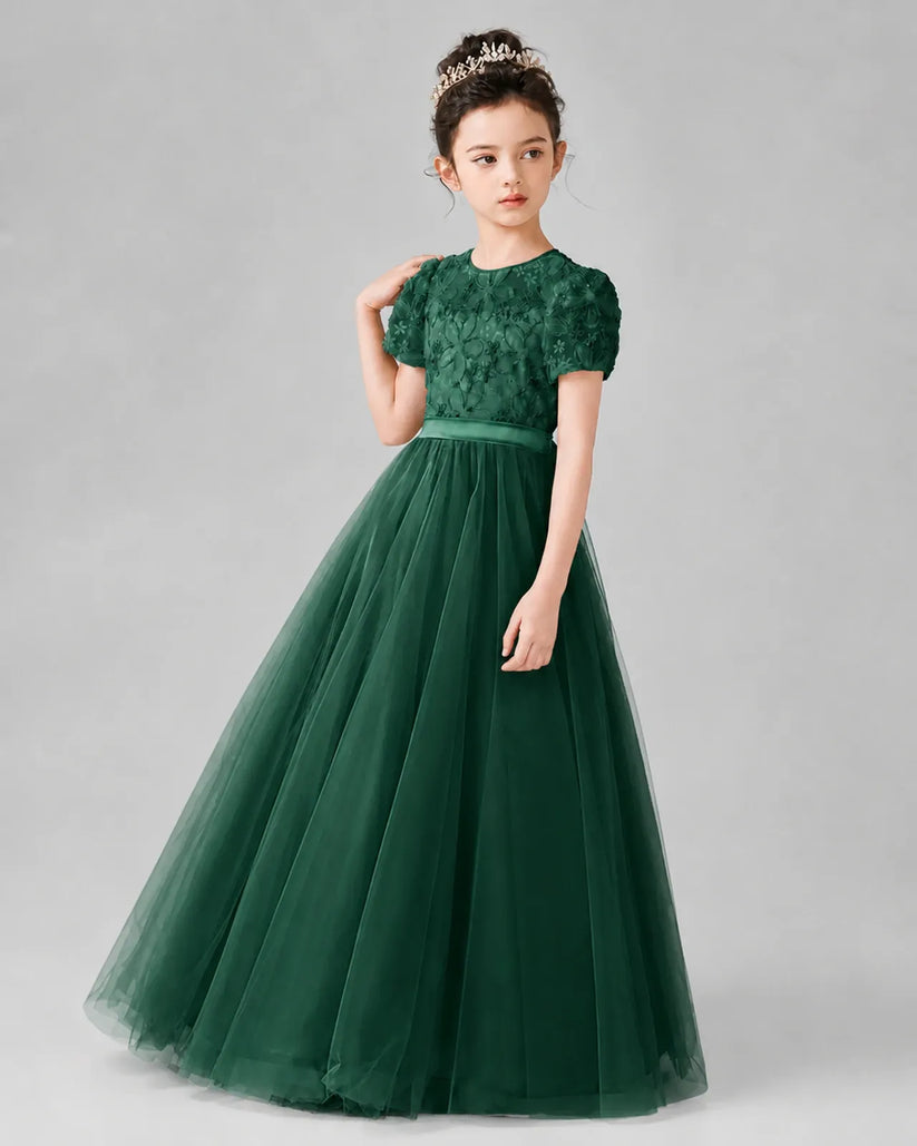 Dark Green Satin Tulle A-line Girls Formal Dress Front View