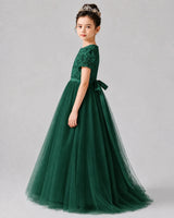 Dark Green Satin Tulle A-line Girls Formal Dress Side View