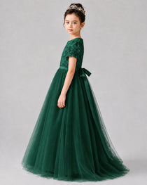Dideyttawl Formal Dress with Puff Sleeves Floral Lace Bodice and Tulle Skirt