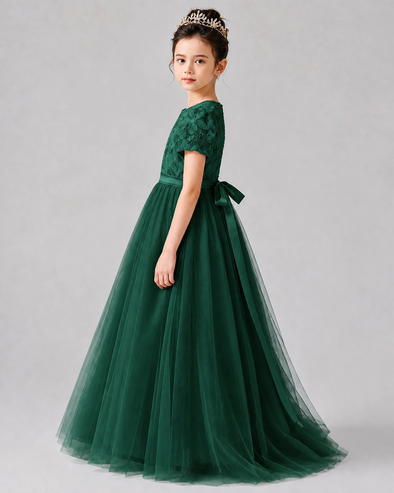 Dideyttawl Formal Dress with Puff Sleeves Floral Lace Bodice and Tulle Skirt