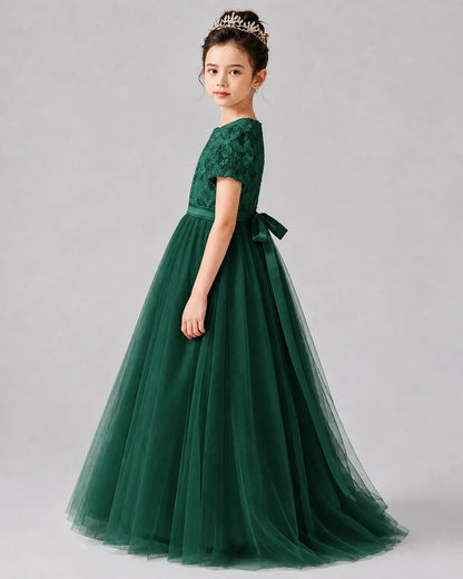 Dark Green Satin Tulle A-line Girls Formal Dress Side View