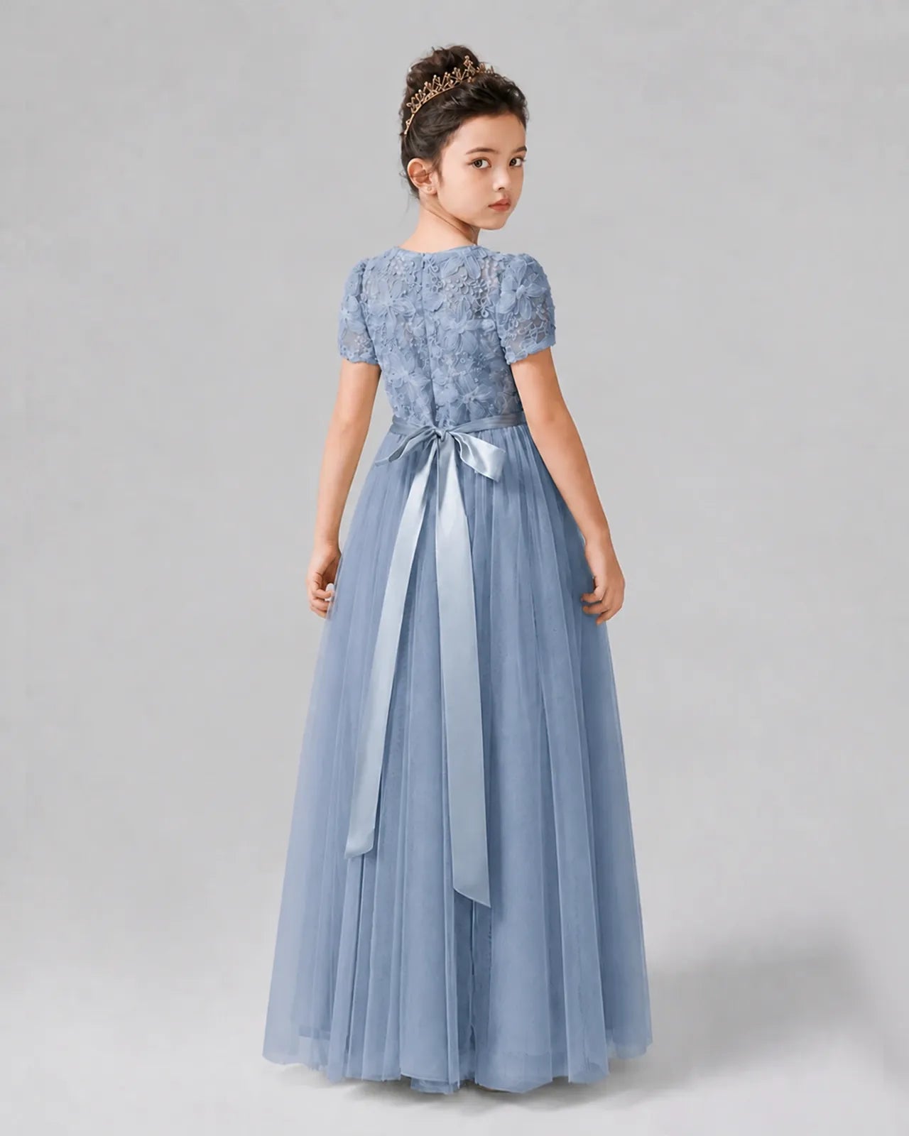 Dusty Blue Tulle A-line Girls Formal Dress Back View