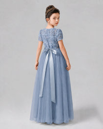 Dideyttawl Formal Dress with Puff Sleeves Floral Lace Bodice and Tulle Skirt