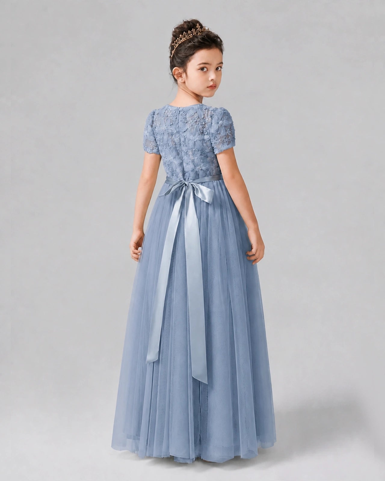 Dideyttawl Formal Dress with Puff Sleeves Floral Lace Bodice and Tulle Skirt