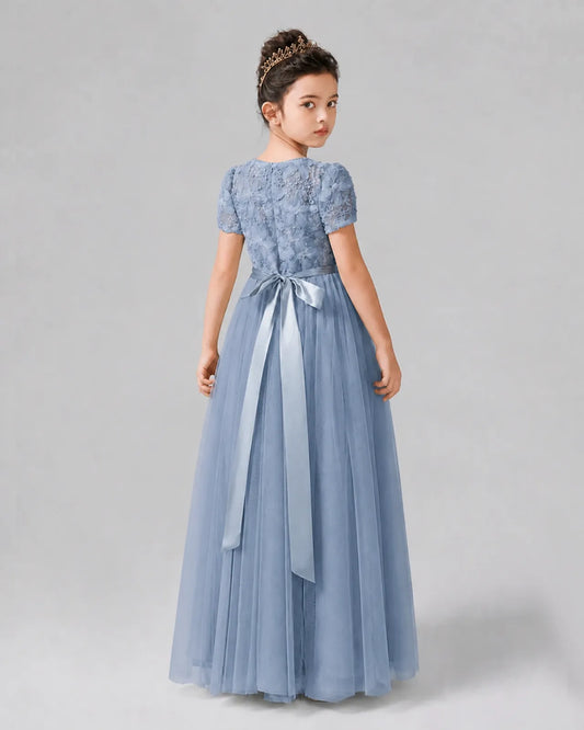 Dusty Blue Tulle A-line Girls Formal Dress Back View