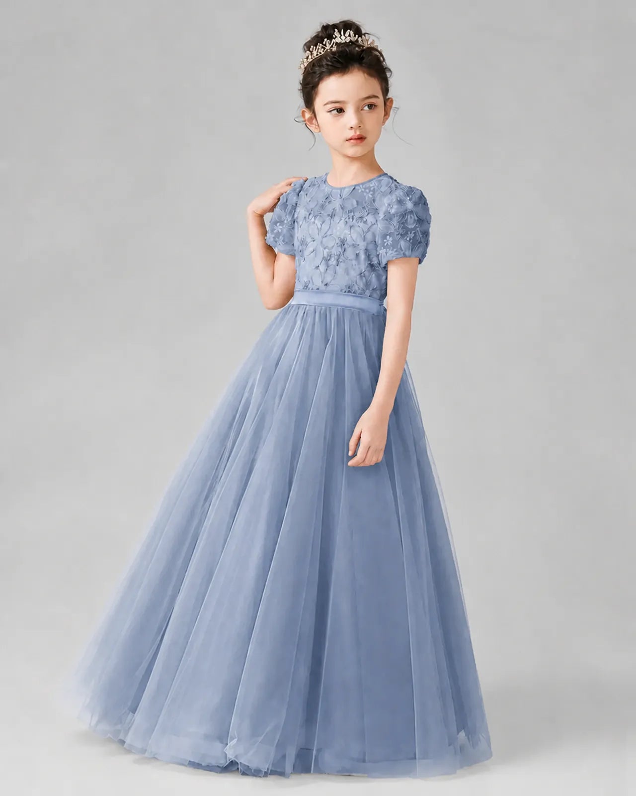 Dusty Blue Tulle A-line Girls Formal Dress Front View