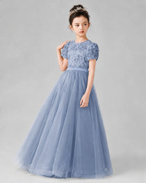 Dideyttawl Formal Dress with Puff Sleeves Floral Lace Bodice and Tulle Skirt