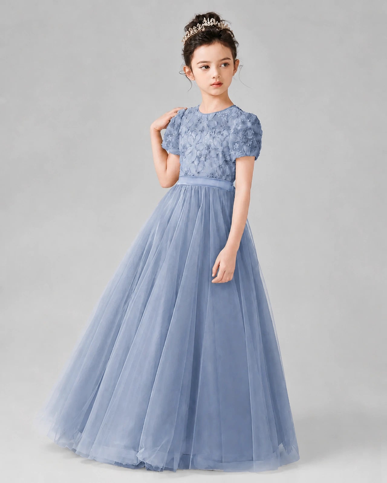 Dideyttawl Formal Dress with Puff Sleeves Floral Lace Bodice and Tulle Skirt
