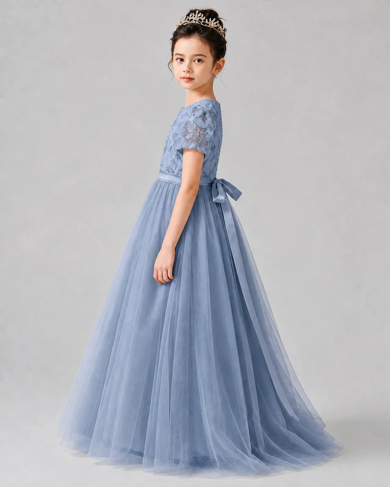 Dusty Blue Satin Tulle A-line Girls Formal Dress Side View