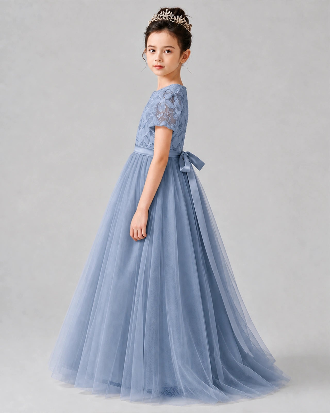 Dideyttawl Formal Dress with Puff Sleeves Floral Lace Bodice and Tulle Skirt