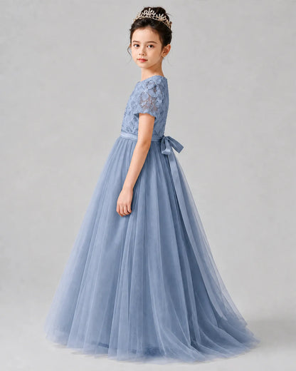 Dusty Blue Satin Tulle A-line Girls Formal Dress Side View