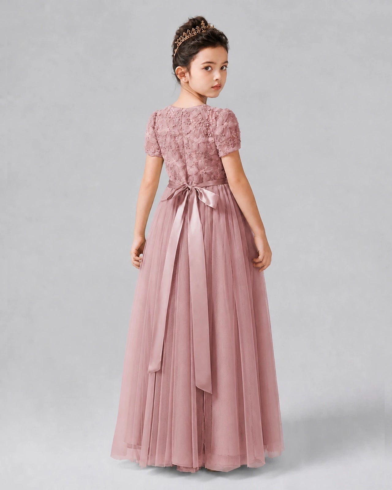 Dideyttawl Formal Dress with Puff Sleeves Floral Lace Bodice and Tulle Skirt Image secondaire du produit