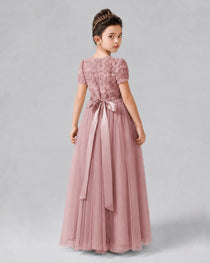 Dideyttawl Formal Dress with Puff Sleeves Floral Lace Bodice and Tulle Skirt