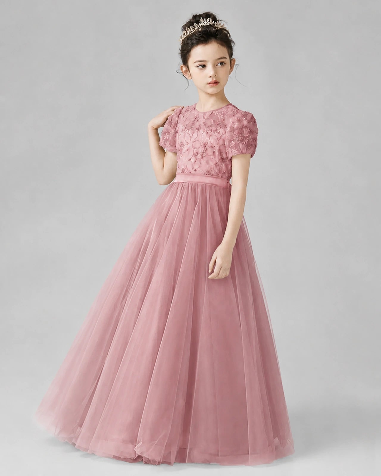 Dideyttawl Formal Dress with Puff Sleeves Floral Lace Bodice and Tulle Skirt