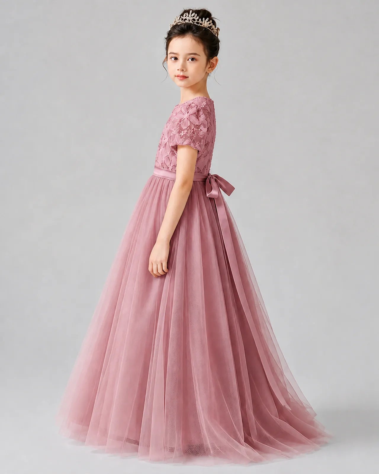 Dusty Rose Tulle A-line Girls Formal Dress Side View