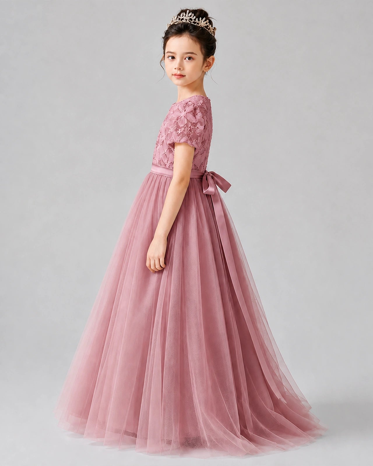 Dideyttawl Formal Dress with Puff Sleeves Floral Lace Bodice and Tulle Skirt