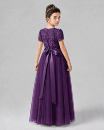 Dideyttawl Formal Dress with Puff Sleeves Floral Lace Bodice and Tulle Skirt