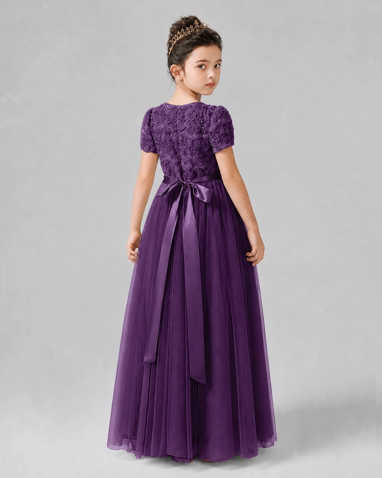 Dideyttawl Formal Dress with Puff Sleeves Floral Lace Bodice and Tulle Skirt