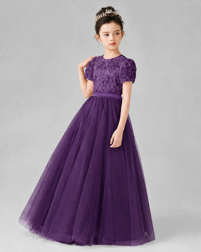 Grape Satin Tulle A-line Girls Formal Dress Front View