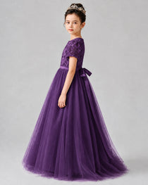 Dideyttawl Formal Dress with Puff Sleeves Floral Lace Bodice and Tulle Skirt